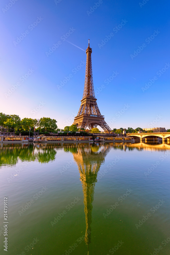 Canvas Prints view of eiffel tower and river seine at sunrise in paris, france. eiffel tower is one of the most ic