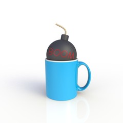Bomb in blue coffee cup isolated on white background. Mock up Template for application design. Exhibition equipment. Set template for the placement of the logo. 3D rendering.