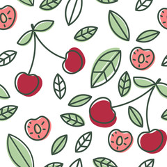 Cherry seamless pattern. Hand drawn fresh berry. Vector sketch background. Doodle wallpaper. Red and green print