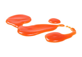 Tomato juice, red ketchup splashes, puddle isolated on white background and texture