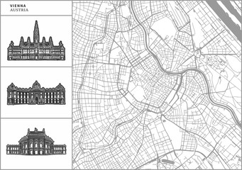 Vienna city map with hand-drawn architecture icons