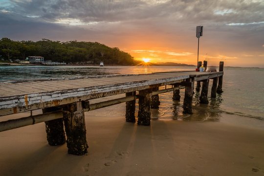 Sunset from Little beach pier in Port Stephens and Nelson Bay, Australia