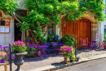 Fototapety  Cozy street with flowers and tables of cafe  in Paris, France
