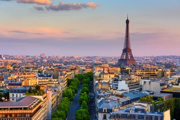 Papier Peint photo Lavable Europe centrale Horizon de Paris avec la Tour Eiffel à Paris, France. Vue panoramique du coucher de soleil sur Paris