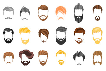 Hair, beard and face, hair, mask cutout cartoon flat collection. Vector men's hairstyle, illustration, beard and hair. Hairstyles icons isolated hairstyles for white background isolated.