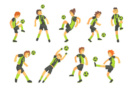 Football Players Of One Team With Ball Isolated Illustration Set