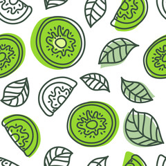 Kiwi seamless pattern. Hand drawn fresh tropical fruit. Vector sketch background. Color doodle wallpaper. Green and blue print