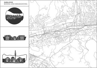 Sarajevo city map with hand-drawn architecture icons