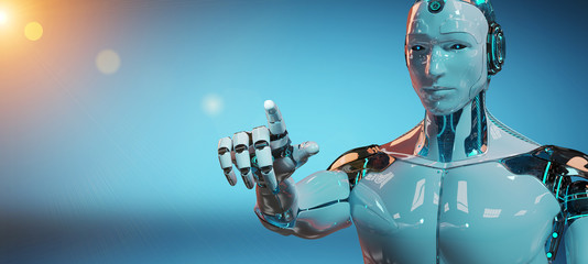 White male cyborg pointing his finger 3D rendering