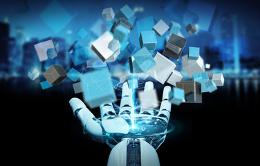 White cyborg hand using blue digital cube structure 3D rendering
