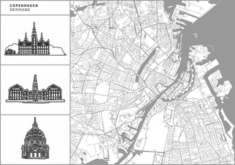 Copenhagen city map with hand-drawn architecture icons