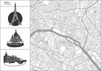 Paris city map with hand-drawn architecture icons