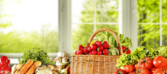 fresh vegetables background and window background. 