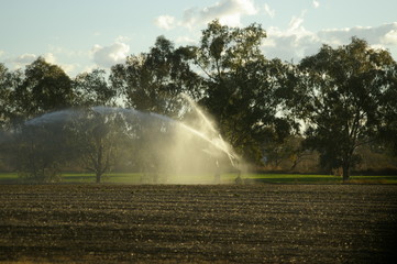 an industrial large water sprinkler spraying water on a farm in rural New South Wales, Australia