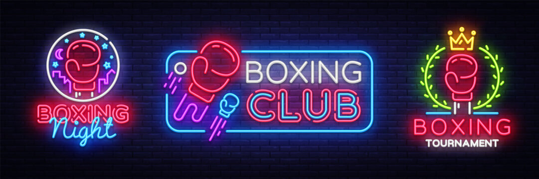 Collection Boxing neon signs. Design vector template. Boxing Tournament Night Logo, Bright Neon Signboard, Design Element for Sports, Fight Night Neon, Bright Night Advertising. Vector Illustration