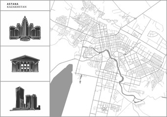 Astana city map with hand-drawn architecture icons
