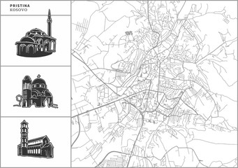 Pristina city map with hand-drawn architecture icons