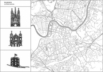 Vilnius city map with hand-drawn architecture icons - obrazy, fototapety, plakaty