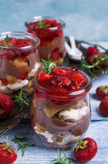 Cold dessert with strawberry jelly
