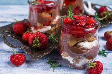 Cold dessert with strawberry jelly