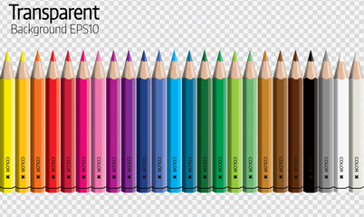 Set of colored pencil collection evenly arranged - seamless in both directions - isolated vector illustration craynos on transparent background.  - obrazy, fototapety, plakaty