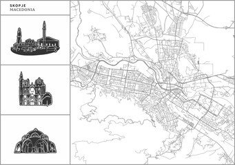 Skopje city map with hand-drawn architecture icons