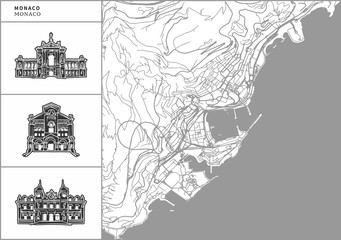 Monaco city map with hand-drawn architecture icons