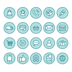 Online shopping flat line icons. E-commerce business, contacts, support, social networks, shop basket, sale, delivery illustrations. Thin signs for web store.
