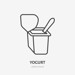 Yogurt with spoon flat logo, breakfast icon. Dairy product vector illustration. Sign for healthy food store.