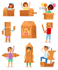 Kids in box vector creative children character playing in boxed house and boy or girl in carton plane or paper ship illustration set of childish package creativity isolated on white background