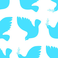 International Peace Day. White dove with olive branch. Seamless Pattern