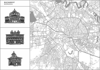 Bucharest city map with hand-drawn architecture icons