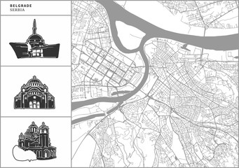 Belgrade city map with hand-drawn architecture icons - obrazy, fototapety, plakaty