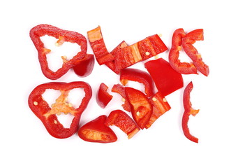 Fresh red bell pepper slices isolated on white background, top view