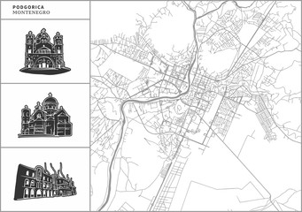 Podgorica city map with hand-drawn architecture icons