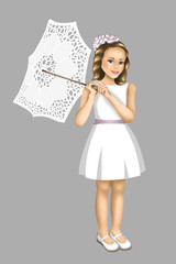 Pretty girl stands with white lace sun umbrella