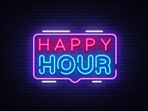 Happy Hour neon sign vector design template. Happy Hour neon logo, light banner design element colorful modern design trend, night bright advertising, brightsign. Vector illustration