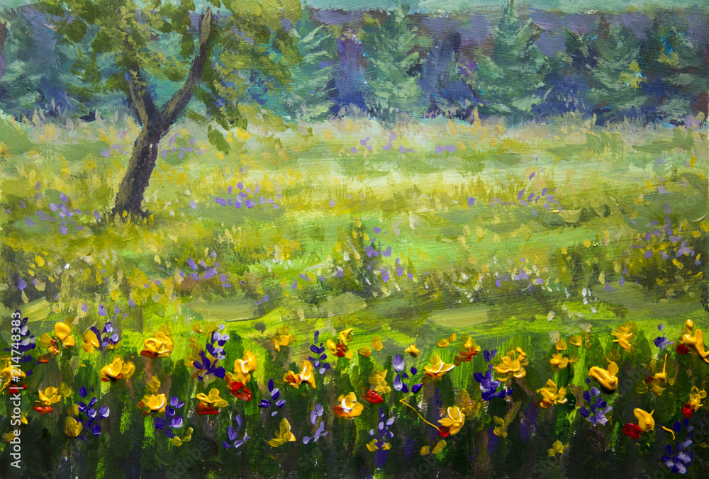 Canvas Prints flower oil painting. violet, orange yellow flowers field close-up, oil paintings landscape impressio