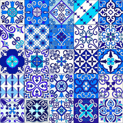 Portuguese tiles seamless pattern vector with blue and white ornaments. Talavera, azulejo, mexican, spanish or arabic motifs.