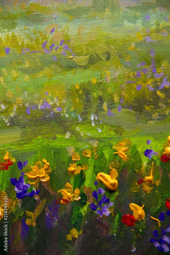 Wall mural flower oil painting. violet, orange yellow flowers field close-up, oil paintings landscape impressio