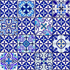 Portuguese tiles seamless pattern vector with blue and white ornaments. Talavera, azulejo, mexican, spanish or arabic motifs.