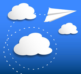 paper plane flying through clouds vector illustration