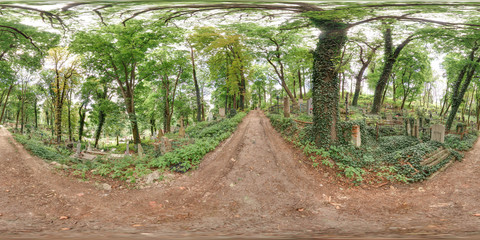 Old cemetery in summer. Graveyard with green trees Tombs in the forest with grass. 3D spherical panorama with 360 degree viewing angle. Ready for virtual reality in vr. Full equirectangular projection