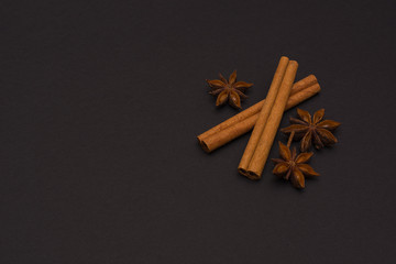 cinnamon sticks and cardamom on a black background top view with copy space for text