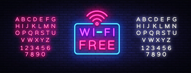 Wifi neon sign vector. Wifi text Design template neon sign, light banner, neon signboard, nightly bright advertising, light inscription. Vector illustration. Editing text neon sign