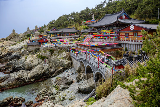 Busan, South Korea, Haedong Yonggungsa Temple. South Korea Buddhist Haedong Yonggungsa Temple is located on a stone cliff of unusual shape above the sea shore.