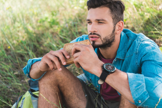 Handsome Man Eating Sandwich And Sitting On Green Grass