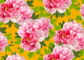 Seamless floral pattern,Pink peonies  and leaves on the  orange  background.  Romantic garden flowers illustration