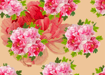 Seamless floral pattern Pink peonies  and leaves on the  beige  background.  Romantic garden flowers illustration.