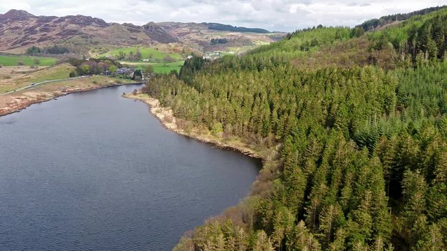 Aerial view of Llynnau Mymbyr, two lakes located in Dyffryn Mymbyr, a valley running from the village of Capel Curig to Pen-y-Gwryd in Snowdonia, north-west Wales